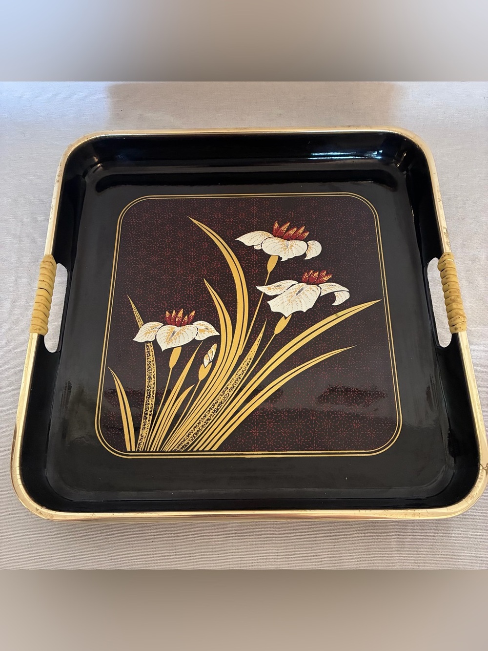 Vintage MCM Japanese Lacquer Iris Serving Tray⁠